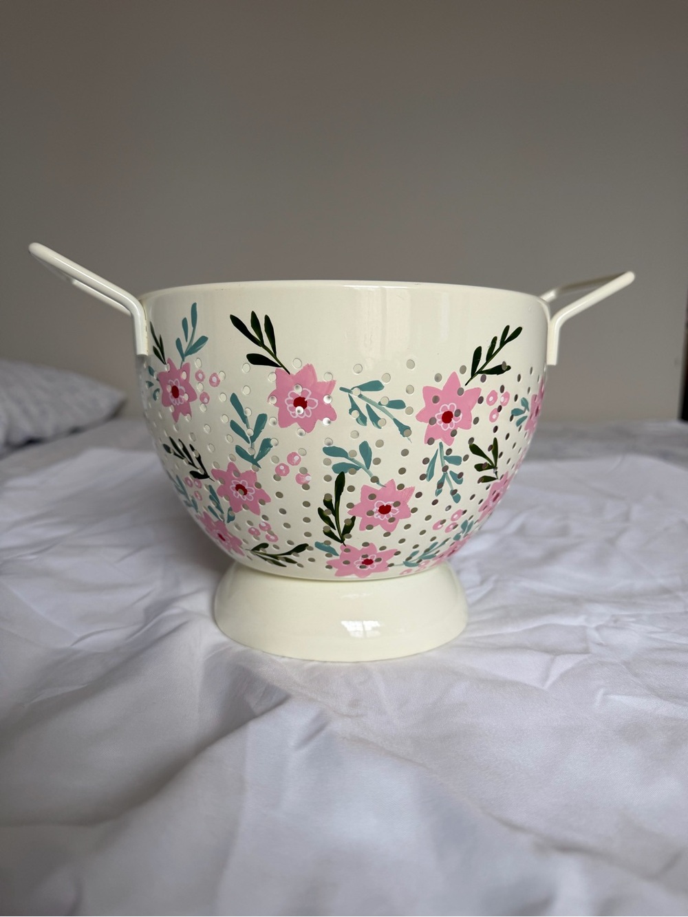 Floral Pink Enamel Colander with Handles